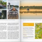 Es gibt viel zu entdecken in Brandenburgs Wasserlandschaften. Am Abend lockt das Lagerfeuer. Links alte Boote, rechts Karte.