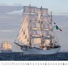 "11" und Kalendertage unten. Großes Segelschiff mit voll entfalteten weißen Segeln auf offenem Meer.