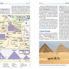 Linke Seite: Eine Karte der Pyramiden von Giza mit Legende. 

Rechte Seite: Text über die Besichtigung und Geschichte der Cheops-Pyramide. Darunter reiten Menschen auf Kamelen vor Pyramiden.