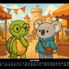 Juli 2026 Kalender mit Schildkröte und Koala auf einem mittelalterlichen Markt.