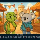 Juli 2026 Kalender. Illustration: Schildkröte mit Brille, Koala mit Tasche auf Marktplatz vor einer Burg. Bunte Dekoration.