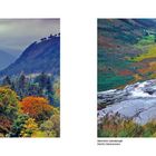 Links: Glendalough, rechts: Glenmacnass. Links Wald mit Herbstlaub, rechts ein Fluss in felsiger Landschaft.
