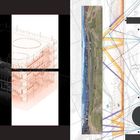 Links ein technisches Diagramm eines Gebäudes, rechts ein topographischer Plan mit Linien und geometrischen Formen.
