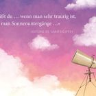 Zitat: "Weißt du ... wenn man sehr traurig ist, mag man Sonnenuntergänge ..." Illustration: Fernrohr vor rosa Himmel.