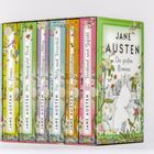 „JANE AUSTEN: Die großen Romane“ auf Buchbox, bunte Buchrücken mit Blumenmotiven. Titel: Emma, Mansfield Park, etc.