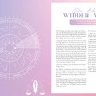 Ein zartes Horoskop-Design mit einem Rad aus Sternzeichen, Widder-Waage-Achse im Fokus, Texte über Frühling und Neuanfang.
