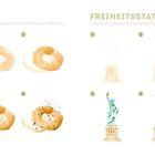 "Bagel" und "Freiheitsstatue" mit Nummern 1 bis 4. Illustrationen von Bagels und der Freiheitsstatue in verschiedenen Stufen.