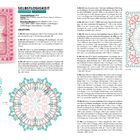 Oben: „SELBSTLOSIGKEIT“. Anleitung und Schwierigkeitsgrad für ein Häkelmuster. Zwei Diagramme und ein fertiges Quadrat zeigen das Design.