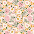 Illustration mit rosa Früchten wie Äpfeln, Birnen und Grapefruits, umgeben von grünen Blättern und kleinen Blüten.