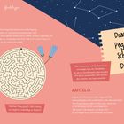 Kapitel 12 und 13, Drache, Pegasus, Schwan, Delfin. Illustration mit Rathaus, Labyrinth, Blumen und Sternbildern. Seitenzahlen 118, 119.