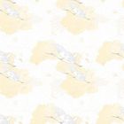 Zarte, gelbliche Blumen überlagert von fliegenden Kranichen, künstlerisch arrangiert in einer wiederkehrenden Illustration.