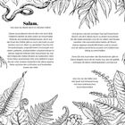 Links und rechts umrahmen detaillierte, tropische Blätter und Pflanzen den Text über entspannende Ausmalmotive zu Bali.