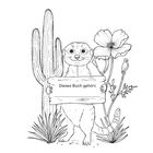 „Dieses Buch gehört“ steht auf einem Schild, gehalten von einem Erdmännchen. Links ein Kaktus, rechts Blumen. Illustration.