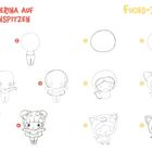 Schritte, um eine Ballerina und einen Fuchs-Junge zu zeichnen. Anleitungsnummern 1-6. Illustrationen mit einfachen Formen.