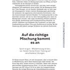"Auf die richtige Mischung kommt es an. Sport ist gut – Wiederholung ist besser: Setzen Sie auf verschiedene Übungen." Textabschnitt in einer Zeitschrift. Seite 73.
