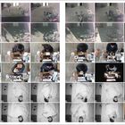 Oben: Blick auf einen Innenhof mit Stühlen. Mitte: Schreibtischarbeit. Unten: Schlafende Person in verschiedenen Positionen.