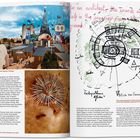 Texte: "People — Opera Village", "But for an architect, the work consists...", "Initial collage showing the Opera Village...", "Conceptual scale model of the theater on-site.", "The spiral layout of the entire village stems..."
Links eine Collage mit bunten Gebäuden, rechts eine handgezeichnete Skizze.