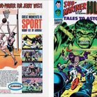 Links oben: "ANOTHER TWO-POINTER FOR JERRY WEST!", rechts oben: "SUB-MARINER HULK," zeigt Hulk und Basketball-Szene.