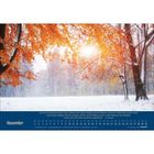 "Lass mich langsamer gehen, Herr..." steht oben. Darunter Kalenderdaten für November. Herbstbäume im Schnee mit Sonnenlicht.
