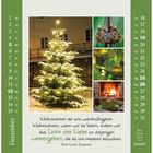 Kalenderseite Dezember, links und rechts grüne Zahlen. Zitat über Weihnachten und Liebe. Bilder: beleuchteter Baum, Adventskranz.