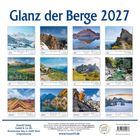 "Glanz der Berge 2027" steht oben. Darunter sind 12 Monatsbilder von Berglandschaften mit Monatsnamen und Kalender.