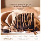 Zitat: „In die kleinen Dinge hat der liebe Gott die großen Freuden hineingelegt.“ Katze unter Decke, November-Kalender.
