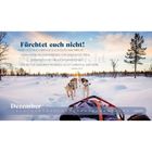 Text: „Fürchtet euch nicht! Hört doch! Ich bringe euch gute Nachricht... Dezember." Zwei Hunde ziehen einen Schlitten im Schnee.