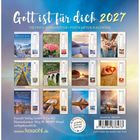 “Gott ist für dich 2027”, Dietrich Bonhoeffer, Postkarten-Kalender. Bilder: Natur, Hände, Herz, Bibel. Herstellerangaben unten.