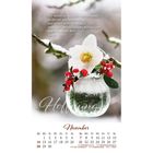 Text: "Wir wollen an der Hoffnung festhalten..." und "Hoffnung". November-Kalender mit Schnee, Blume und roten Beeren.