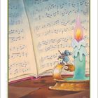 Kalender mit Monat November. Eine Kerze mit violetter Flamme, davor eine Maus mit Geige auf Notenbuch. Verspielt und humorvoll.