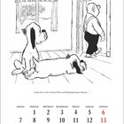Text: „Leider hat er viel zu kurze Ohren und überhaupt keinen Schwanz …“. Kalender für Juni, 6. und 13. rot markiert. Zwei Hunde und eine Person.