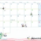 Kalenderblatt für November mit Illustrationen: Person angelt, Tier auf Rasenmäher, Charaktere transportieren etwas.