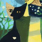 November, Kalender mit farbigem Gemälde: Sonne-Mond-Gesicht, schwarze Katze, blauer Hintergrund, florale Elemente.