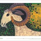 Text: "November". Illustration eines Widders mit großen, gebogenen Hörnern und spiralförmigem Fell, umgeben von Blättern.