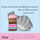 Text: "Kuchen macht zwar nicht glücklich und reich, aber ein Apfel macht das ja auch nicht." 

Illustration: Eine dicke, graue Katze steht vor einem hohen Kuchen mit Kerzen. Unten ist ein Kalender für November.