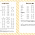 "Schulferien" oben, Daten für Ferien Deutschland, Österreich und Schweiz. Gelbe Streifen im Hintergrund.