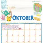 „Aufräumen und sauber machen“ steht oben, gefolgt von einem Kalender für Oktober. Illustrationen von Tee und Laub.