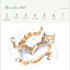 Kalender November 2021, Woche 44. Aquarell einer verspielten, glücklichen Katze in der Mitte.