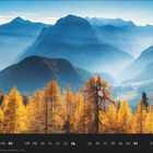 „Herbstlandschaft im Nationalpark Triglav, Slowenien“ zeigt gelbe Bäume, Berge und ein Kalender mit Zahlen.