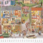 Kalenderblatt zeigt lebhafte Straßenszene mit Geschäften (Elektro-Fix, Kaufaden, Eis). Zahlreiche Menschen und Aktivitäten.
