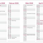 Kalender für Januar bis April 2028. Feiertage wie Neujahr, Valentinstag, Ostern sind markiert.
