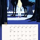 „11 NOVEMBER“. Oben eine Illustration: Figur mit langen Haaren vor einem großen, dunklen Pferd im Wald.