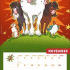 November; Montag bis Sonntag in orange; Illustration: diverse Tiere auf grünem Hügel, Pferd mit Sonnenbrille im Zentrum.