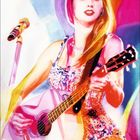 NOV, Kalenderdaten unten. Illustration: Frau spielt Gitarre, bunter Hintergrund, Mikrofon links.