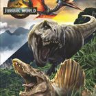 „Jurassic World” Logo, fliegender Dinosaurier oben, zwei große Dinosaurier im Vordergrund, Landschaft mit Bergen und Pflanzen.