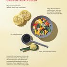 Blitzrezept mit 4 Zutaten: Asia-Nudeln, Gemüse, Sojasauce, Brühe. Text erklärt Zubereitung. Bild einer Schüssel mit Gemüse.