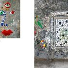 "Gesicht-Relief im Silbernen Saal." Ein Mosaik-Gesicht mit bunten Augen, Nase und Lippen. Rechts Mosaikwand mit Fenster.