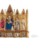 Illustration eines aufgeschlagenen Buches mit Detailbild: Zwei dunkle Füße auf einem bunten, wolkenartigen Hintergrund.