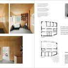 Texte: »Dank seiner kompakten, prismatischen Bauform...«, Gebäudedaten wie Fläche und Bauweise, Grundrisse.  
Bilder: Moderne Innenräume mit Holzverkleidung, Porträt von Martin Schnitz.
