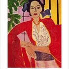 Malerei von Matisse zeigt Frau in rotem Kleid, umgeben von Pflanzen. Text und Kalenderdaten unten.